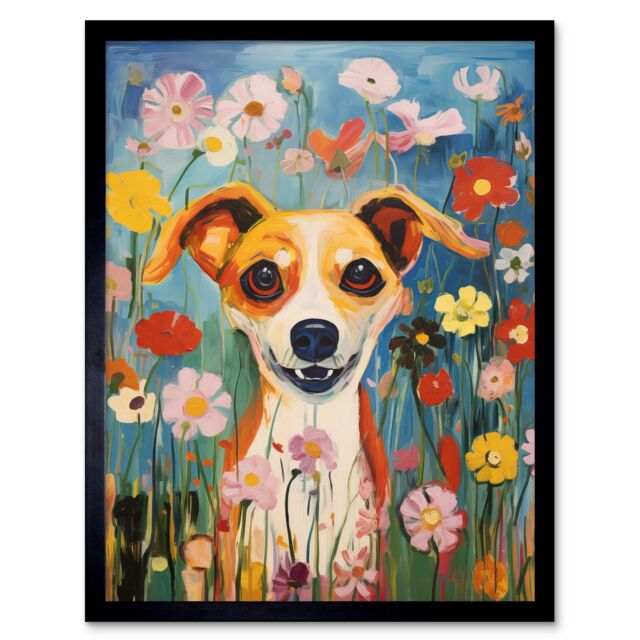 "Artery8 Wall Art Print Chihuahua in the Wildflowers Artwork Colourful Meadow Dog Portrait Art Framed in Black - Size: W12"" x H16""" - image 1