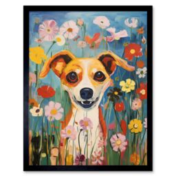 "Artery8 Wall Art Print Chihuahua in the Wildflowers Artwork Colourful Meadow Dog Portrait Art Framed in Black - Size: W12"" x H16""" - thumbnail 1