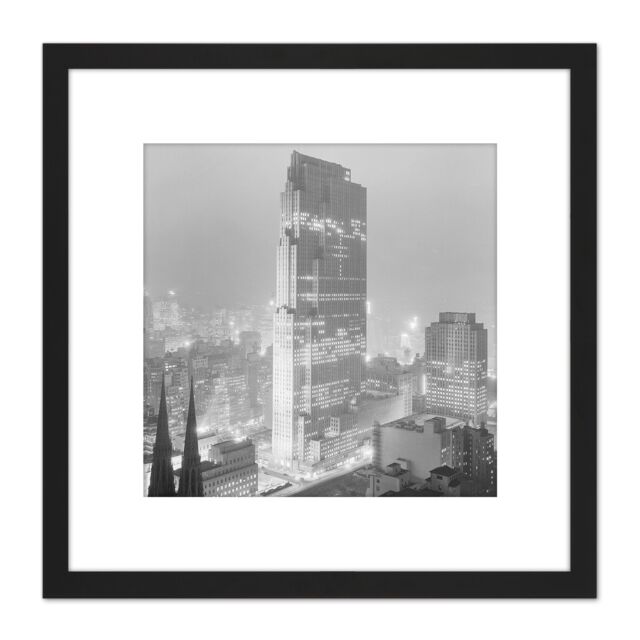 Artery8 New York City Rockefeller Center Vintage Photo 8X8 Inch Square Wooden Framed Wall Art Print Picture with Mount in Black - image 1
