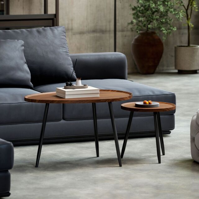 HOMCOM 2 80cm Sofa Side Table Set of 2 with Metal Legs, Chestnut Wood Effect in Brown - image 1