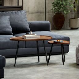 HOMCOM 2 80cm Sofa Side Table Set of 2 with Metal Legs, Chestnut Wood Effect in Brown - thumbnail 1