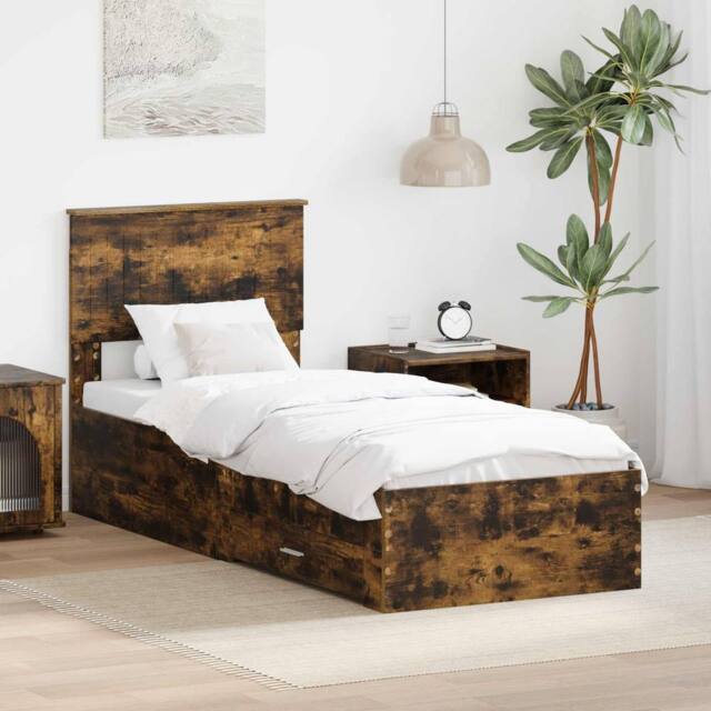 Berkfield Home Bed Frame Smoked Oak & Silver 75 x 190 cm Engineered Wood in Brown - image 1