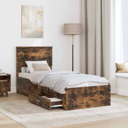 Berkfield Home Bed Frame Smoked Oak & Silver 75 x 190 cm Engineered Wood in Brown - thumbnail 3