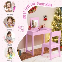 Costway Kids Vanity Set 2 in 1 Vanity Table & Chair Set w/Flip Top Mirror in White - thumbnail 9