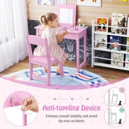 Costway Kids Vanity Set 2 in 1 Vanity Table & Chair Set w/Flip Top Mirror in White - thumbnail 5