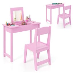 Costway Kids Vanity Set 2 in 1 Vanity Table & Chair Set w/Flip Top Mirror in White - thumbnail 1