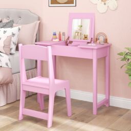Costway Kids Vanity Set 2 in 1 Vanity Table & Chair Set w/Flip Top Mirror in White - thumbnail 8