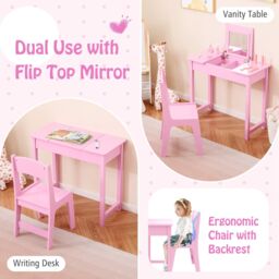 Costway Kids Vanity Set 2 in 1 Vanity Table & Chair Set w/Flip Top Mirror in White - thumbnail 6