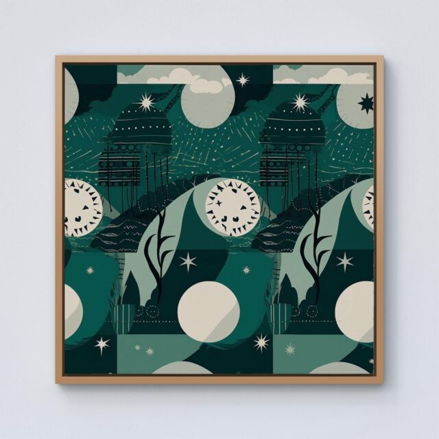 "Warren Reed - Designer Abstact Green Cream Moon & Stars Framed Canvas in Light Brown - Size: W16"" x H16""" - image 1