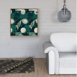 "Warren Reed - Designer Abstact Green Cream Moon & Stars Framed Canvas in Light Brown - Size: W16"" x H16""" - thumbnail 2