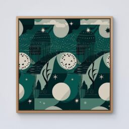 "Warren Reed - Designer Abstact Green Cream Moon & Stars Framed Canvas in Light Brown - Size: W16"" x H16""" - thumbnail 1