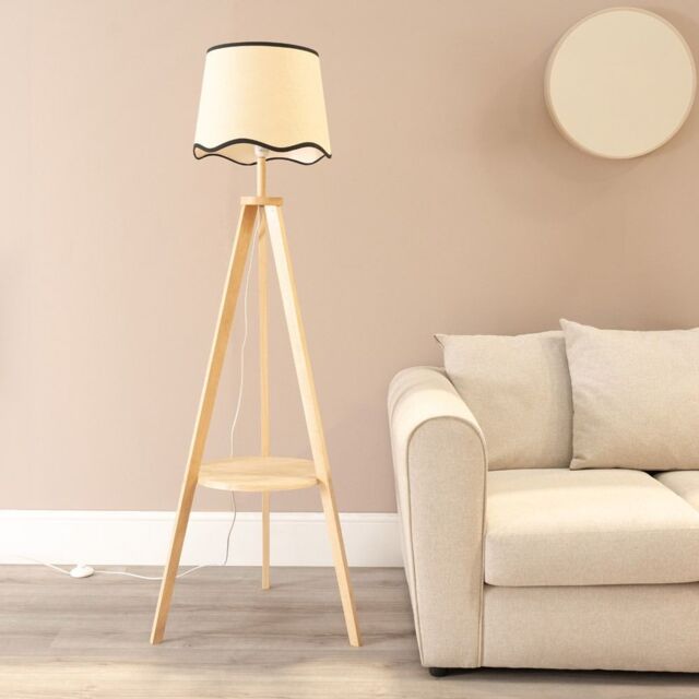 ValueLights Morrigan Natural Wood Tripod Floor Lamp Scallop Tapered Shade & Bulb in Black - image 1