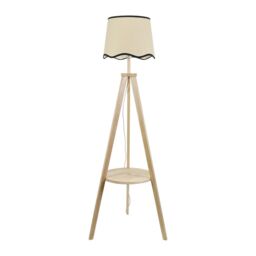 ValueLights Morrigan Natural Wood Tripod Floor Lamp Scallop Tapered Shade & Bulb in Black - thumbnail 2