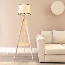 ValueLights Morrigan Natural Wood Tripod Floor Lamp Scallop Tapered Shade & Bulb in Black - thumbnail 3