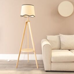 ValueLights Morrigan Natural Wood Tripod Floor Lamp Scallop Tapered Shade & Bulb in Black