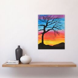 "Artery8 Tree Silhouette Against Rainbow Sky Watercolour Wall Art Print - Size: W24"" x H32""" - thumbnail 4