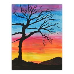 "Artery8 Tree Silhouette Against Rainbow Sky Watercolour Wall Art Print - Size: W24"" x H32""" - thumbnail 1