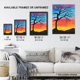 "Artery8 Tree Silhouette Against Rainbow Sky Watercolour Wall Art Print - Size: W24"" x H32""" - thumbnail 3