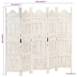 Berkfield Home Hand carved 5-Panel Room Divider White 200x165 cm Solid Mango Wood - thumbnail 7