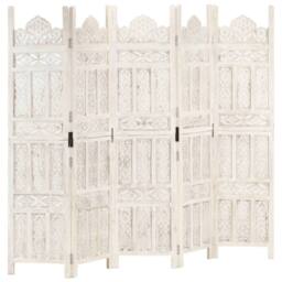 Berkfield Home Hand carved 5-Panel Room Divider White 200x165 cm Solid Mango Wood - thumbnail 2