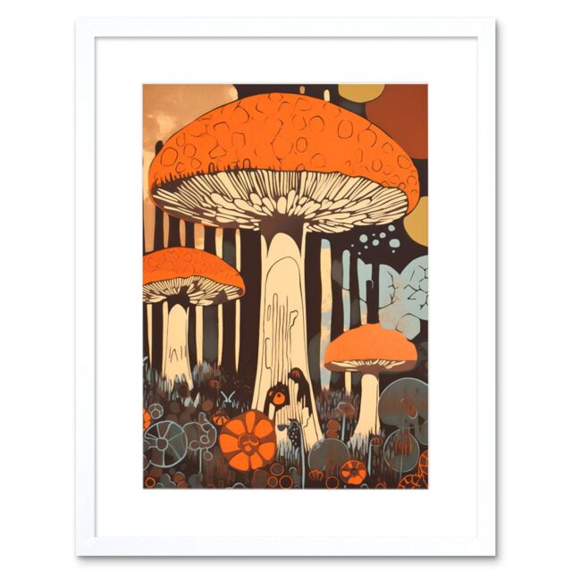 "Artery8 Wall Art Print Mushroom Vintage Large Red Cap Fungi Pastel Colour Earthy Aesthetic Kitchen Artwork Framed 9X7 Inch in White - Size: W7"" x H9""" - image 1