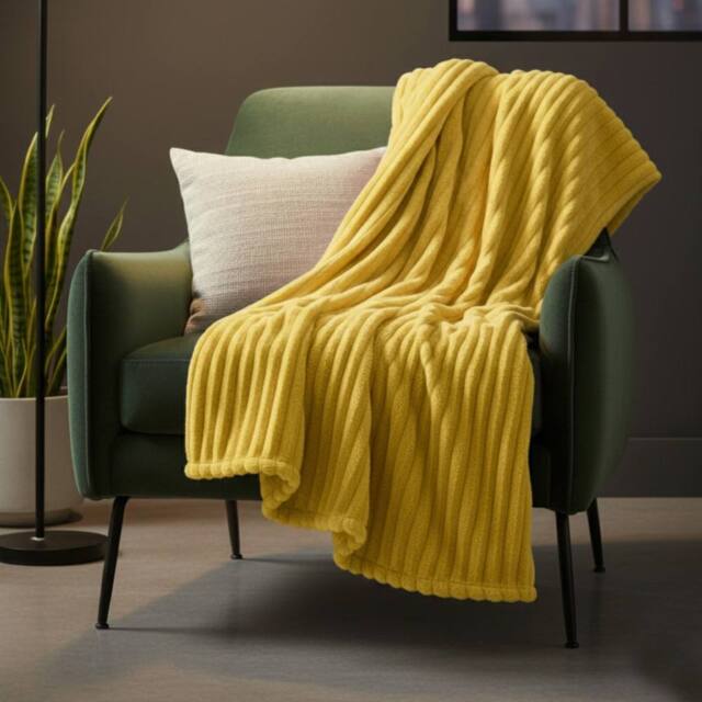 Snug City Chunky Ribbed Mink Throw Ultra Soft Warm Elegant Blanket for Sofa Bed in Yellow - Size: 150 cm x 200 cm - image 1