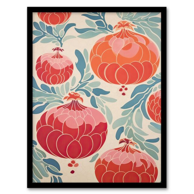 Artery8 Wall Art Print Pomegranate Pattern Kitchen Artwork Pastel Colour Pink Orange Blue Retro Japanese Style Artwork Framed - Size: A4 - image 1