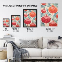 Artery8 Wall Art Print Pomegranate Pattern Kitchen Artwork Pastel Colour Pink Orange Blue Retro Japanese Style Artwork Framed - Size: A4 - thumbnail 3