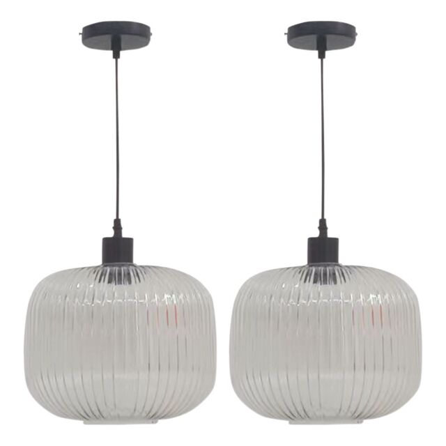First Choice Lighting Set of 2 Batley Large - Clear Ribbed Glass with Black Pendant Fittings - image 1