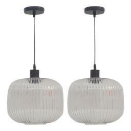 First Choice Lighting Set of 2 Batley Large - Clear Ribbed Glass with Black Pendant Fittings - thumbnail 1