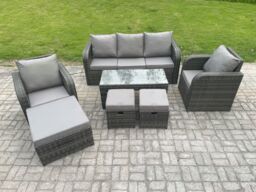 Fimous 8 Seater Rattan Garden Furniture Set with Rectangular Coffee Table 3 Footstools Patio Outdoor Rattan Set in Dark Grey - thumbnail 1