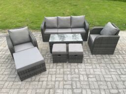 Fimous 8 Seater Rattan Garden Furniture Set with Rectangular Coffee Table 3 Footstools Patio Outdoor Rattan Set in Dark Grey - thumbnail 2