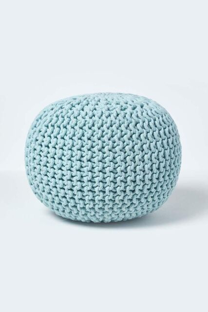 Homescapes Round Cotton Knitted Pouffe Footstool in Bright Blue - image 1