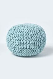 Homescapes Round Cotton Knitted Pouffe Footstool in Bright Blue