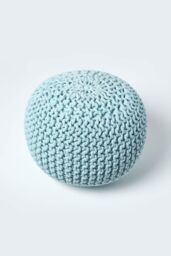 Homescapes Round Cotton Knitted Pouffe Footstool in Bright Blue - thumbnail 3