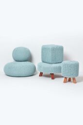 Homescapes Round Cotton Knitted Pouffe Footstool in Bright Blue - thumbnail 5