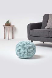 Homescapes Round Cotton Knitted Pouffe Footstool in Bright Blue - thumbnail 2