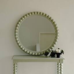 Statement Furniture Cromwell Round Wall Mirror with Bobbin Design Wooden Frame 77cm in Light Green - thumbnail 1