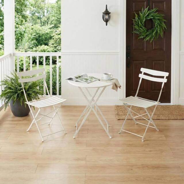 London Boutique Folding 3-Piece Metal Bistro Set Outdoor Patio Round Table & 2 Chairs in White - image 1