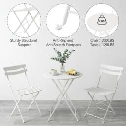 London Boutique Folding 3-Piece Metal Bistro Set Outdoor Patio Round Table & 2 Chairs in White - thumbnail 3