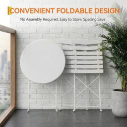London Boutique Folding 3-Piece Metal Bistro Set Outdoor Patio Round Table & 2 Chairs in White - thumbnail 5