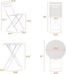 London Boutique Folding 3-Piece Metal Bistro Set Outdoor Patio Round Table & 2 Chairs in White - thumbnail 2