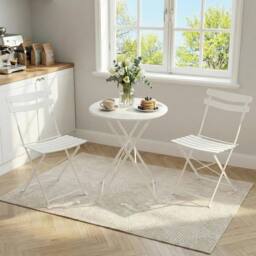 London Boutique Folding 3-Piece Metal Bistro Set Outdoor Patio Round Table & 2 Chairs in White - thumbnail 7