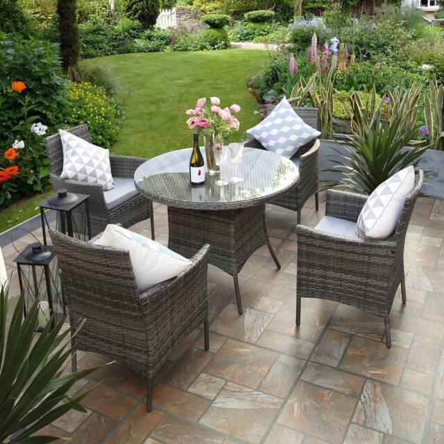 RayGar Valencia 4 Seater Rattan Dining Set Outdoor Weather Proof Polyrattan in Grey - Size: 4 Person - image 1