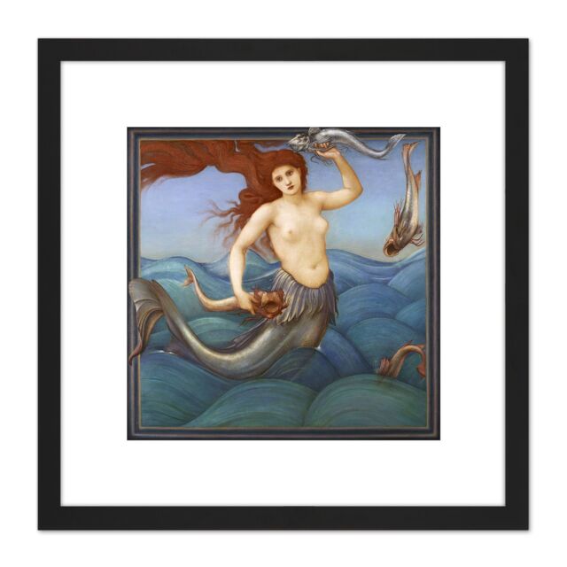 Artery8 Burne Jones Sea Nymph Mermaid Fish Painting 8X8 Inch Square Wooden Framed Wall Art Print Picture with Mount in Black - image 1