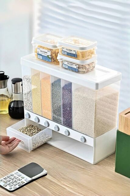 H&O Direct 6 Grids Grain Dry Food Dispenser Kitchen Storage Box with Measuring Cup in White - image 1