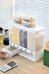 H&O Direct 6 Grids Grain Dry Food Dispenser Kitchen Storage Box with Measuring Cup in White