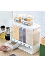 H&O Direct 6 Grids Grain Dry Food Dispenser Kitchen Storage Box with Measuring Cup in White - thumbnail 3