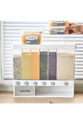 H&O Direct 6 Grids Grain Dry Food Dispenser Kitchen Storage Box with Measuring Cup in White - thumbnail 2