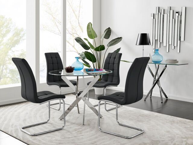 FurnitureboxUK Novara Chrome Metal 100cm Round Glass Dining Table & 4 Murano Dining Chairs in Black - image 1